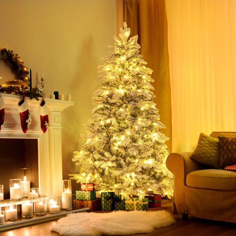 Vrilay 6ft Pre-Lit Snow Flocked Artificial Christmas Tree w/ 600 Tips 300 Lights, Gold Ribbon & S... | Walmart (US)