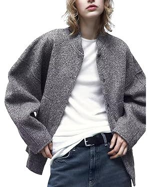 Athlisan Womens Oversized Wool Blend Bomber Jacket Casual Button Down Varsity Jacket with Pockets | Amazon (US)