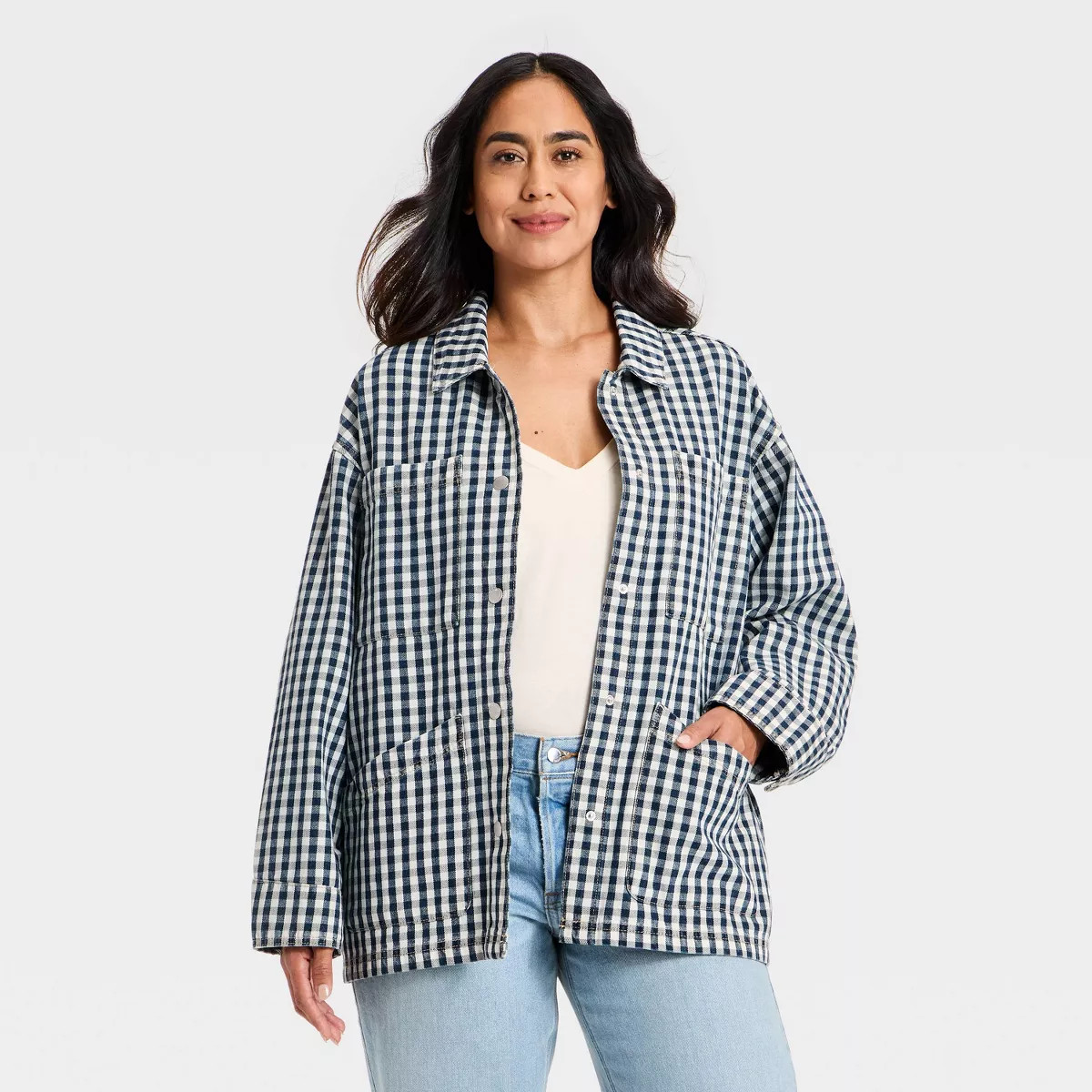 Women's Western Denim Chore Coat - Universal Thread™ Blue Gingham XS | Target