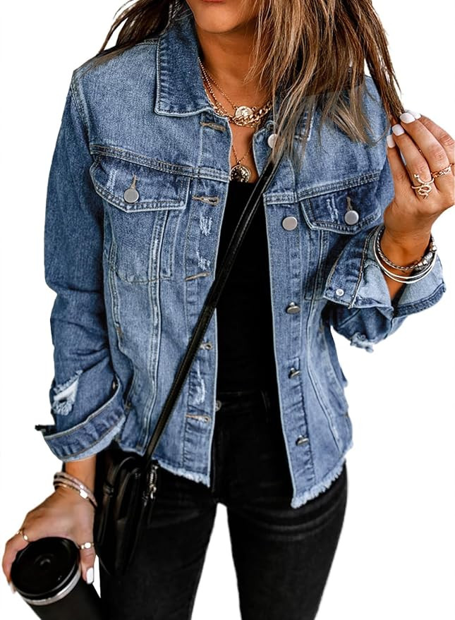 EVALESS Womens Boyfriend Washed Crop Denim Jean Jacket Coat | Amazon (US)