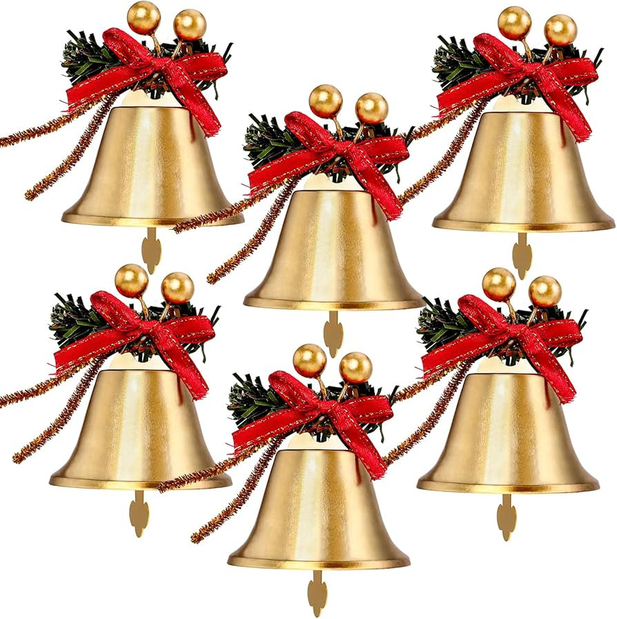Christmas Metal Gold Jingle Bells, 6pcs Gold Bells 2.5inch with Red Bow and Berry Tree Hanging Or... | Amazon (US)