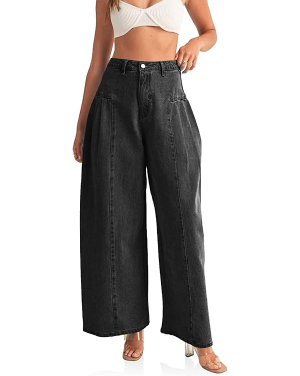 PLNOTME Womens Baggy High Waisted Jeans Loose Boyfriend Wide Leg Side Pleated Denim Pants | Amazon (US)