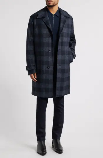 BOSS Clark Buffalo Check Jersey Coat in Dark Blue at Nordstrom Rack, Size 40 | Nordstrom Rack