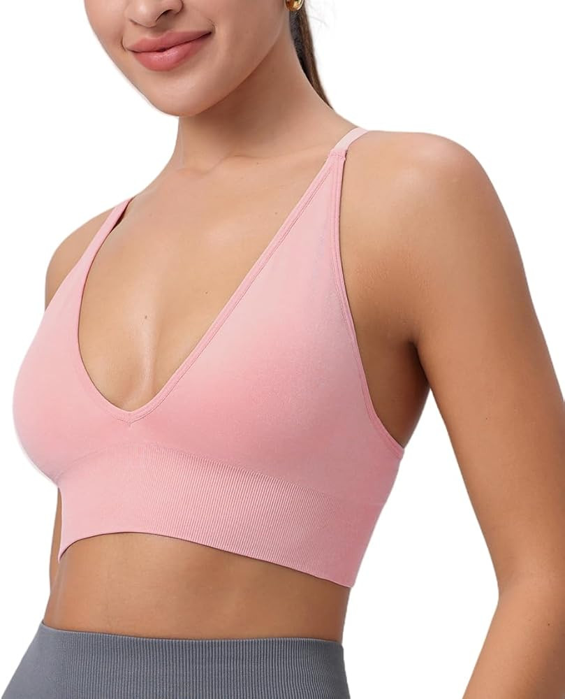 Womens Deep V-Neck Longline Sports Bra, Strappy Criss Cross Padded Cups Adjustable Spaghetti Stra... | Amazon (US)
