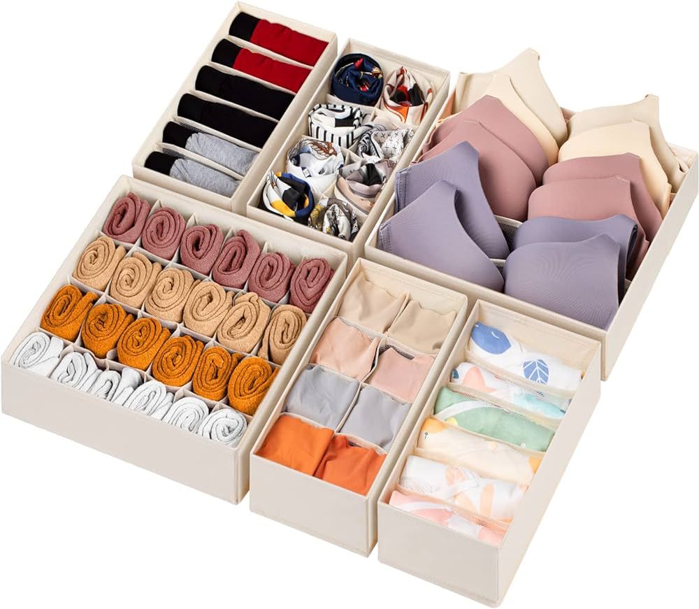 6 Pack Sock Underwear Drawer Organizer Dividers, 58 Cell Foldable Fabric Dresser Closet Organizers and Storage Bins for Clothing, Baby Clothes, Bra, Panty, Scarf, Ties (Beige) | Amazon (US)