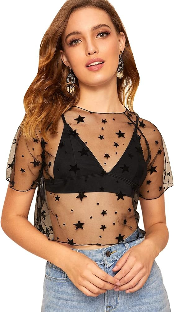 SweatyRocks Women's Short Sleeve Print See Through Sheer Mesh Crop Top T Shirt | Amazon (US)