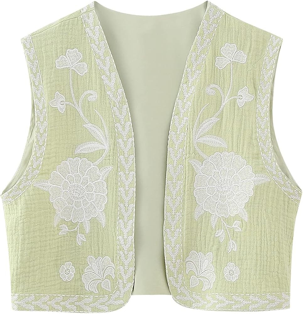 NUFIWI Women Vintage Embroidered Floral Vest Top Y2k Sleeveless Open Front Crop Vest Boho Floral ... | Amazon (US)