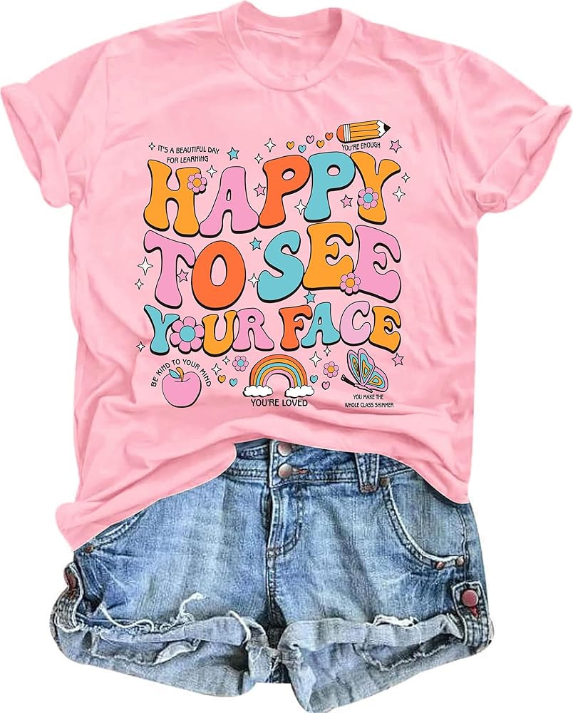 Teacher Shirts for Women Happy to See Your Face Tshirt Funny Back to School Teacher Gift Tee Tops | Amazon (US)