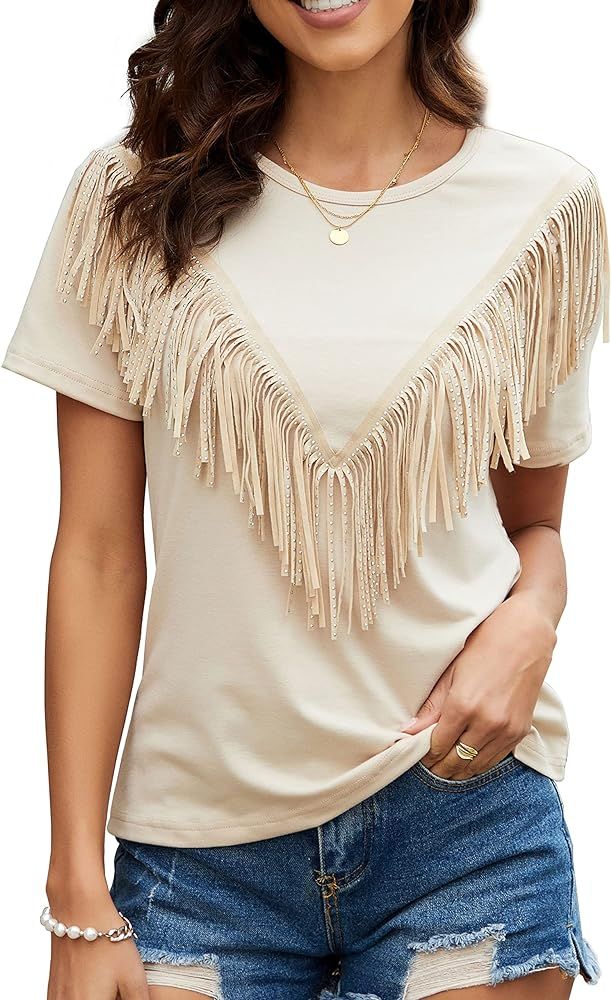 PESION Women's Fringe Trim Shirts Short Sleeve Tassel Trim Blouse T-Shirt Tops | Amazon (US)