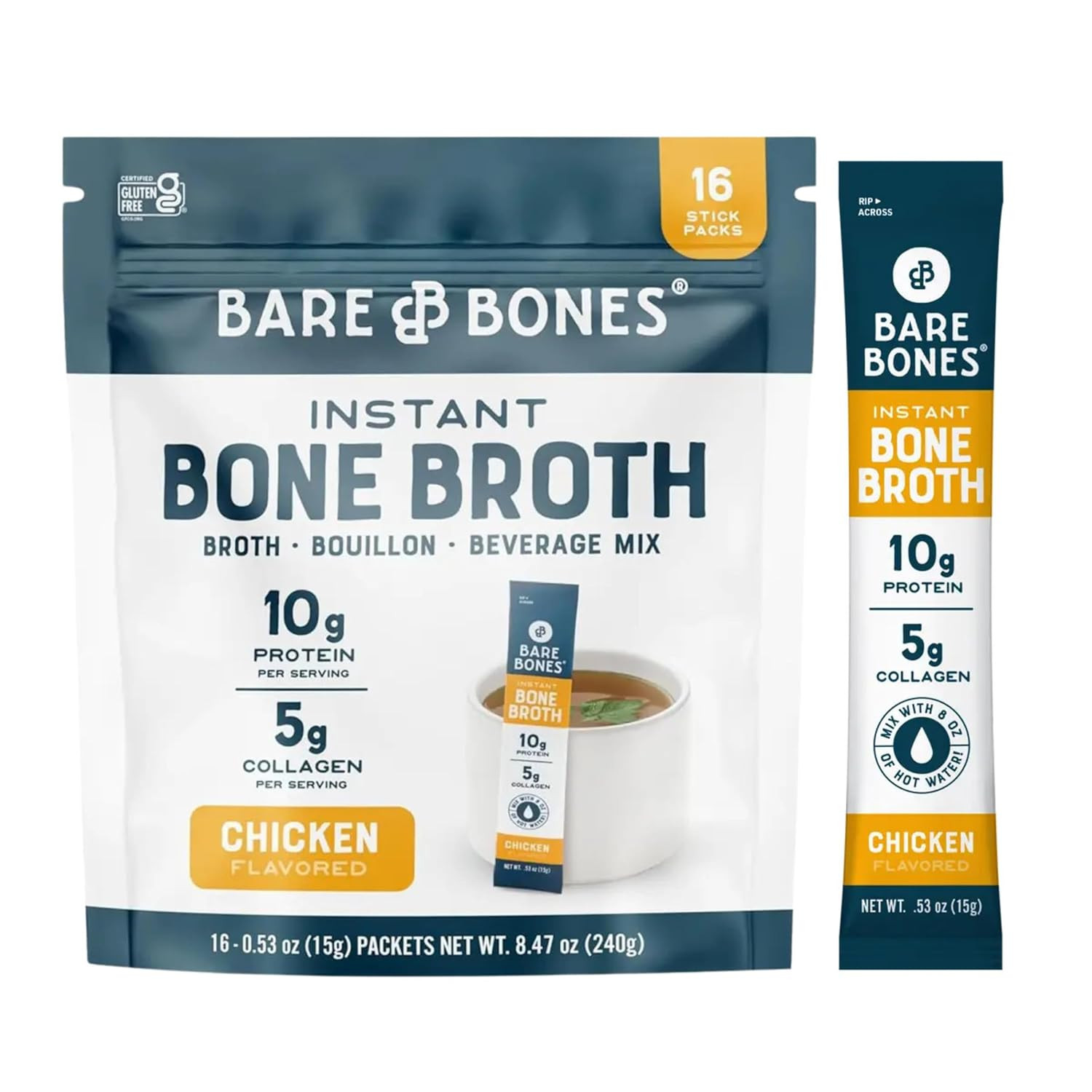 Bare Bones Chicken Bone Broth Instant Powdered Mix Packets| 5g Collagen | 10g Protein | Keto & Pa... | Amazon (US)