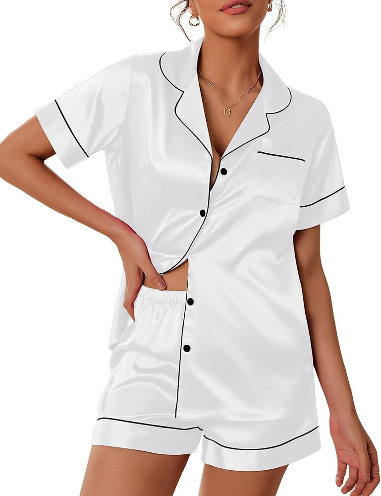 Ekouaer Satin Pajamas Women's Short Sleeve Sleepwear Soft Silk Button Down Loungewear Pjs Shorts ... | Amazon (US)