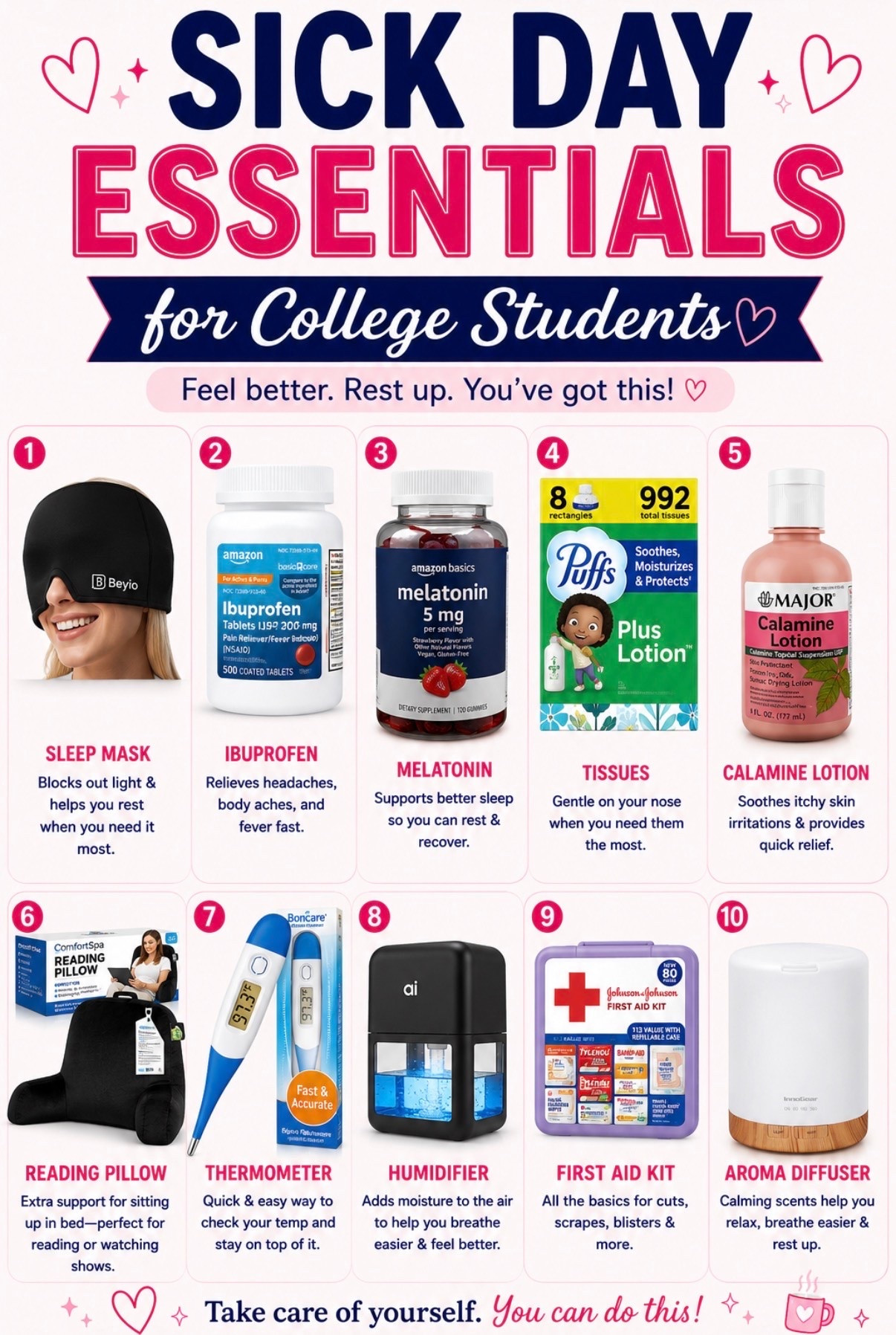 No one plans to get sick at college… but being prepared can make all the difference. 🤧💗

From a thermometer and first aid kit to melatonin, tissues, pain relievers, a humidifier, and a cozy reading pillow, these dorm essentials will help you recover faster and stay comfortable when you’re under the weather.

Save this list now—your future self (or your roommate) will thank you! 🩺✨
#CollegeEssentials #DormMustHaves #CollegeLife #AmazonFinds #DormRoomIdeas

#LTKU #LTKmomlife #LTKHome