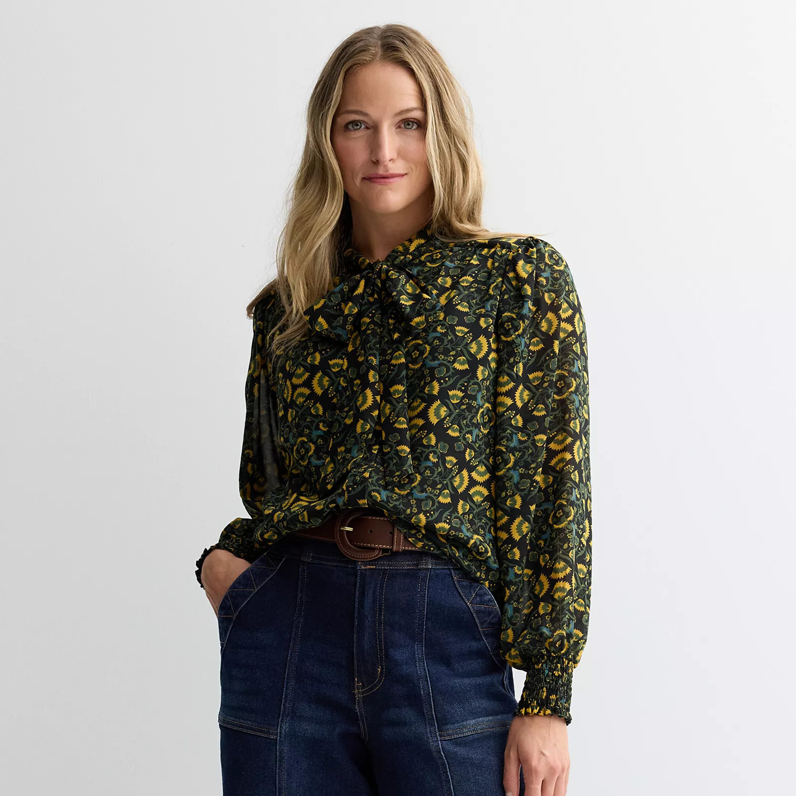 Women's Farmers Market Long Sleeve Bow Tied Neck Printed Blouse, Size: Medium, Black Floral | Kohl's