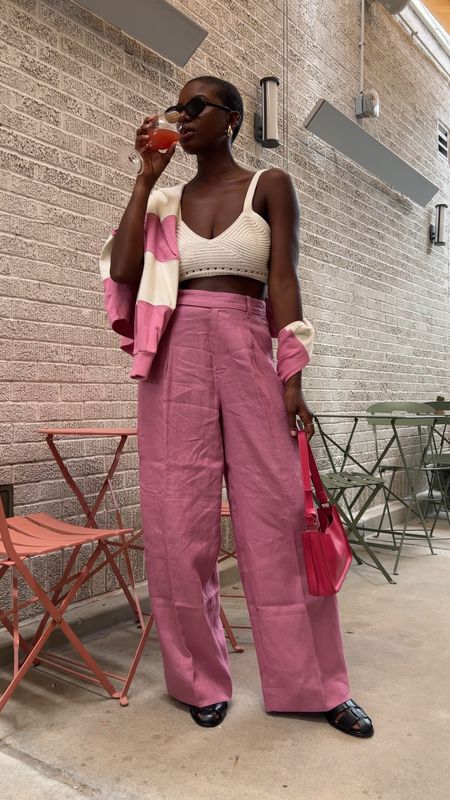 Spring Vacation outfit! Pink linen pants, pink leather purse, black fisherman sandals, white crochet bralette top and black round sunglasses. Runs true to size  

#LTKunder100 #LTKtravel #LTKstyletip