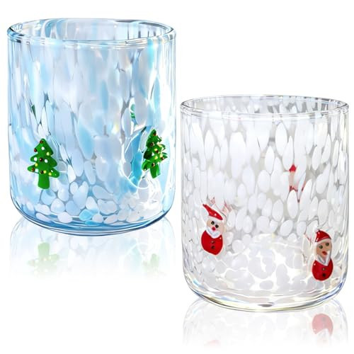 2 Pcs Christmas Icon Glass Cups - 14 oz Santa Claus, Christmas Tree, Cane, Cherry Icon Juice Glasses, Hand-blown Glasses for Holiday Gifts Family Parties and Cocktails (Santa claus + Christmas tree) | Amazon (US)
