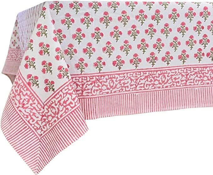 ATOSII Gulbahar White Pink 100% Cotton Spring Summer Rectangle Tablecloth, Handblock Print Floral... | Amazon (US)