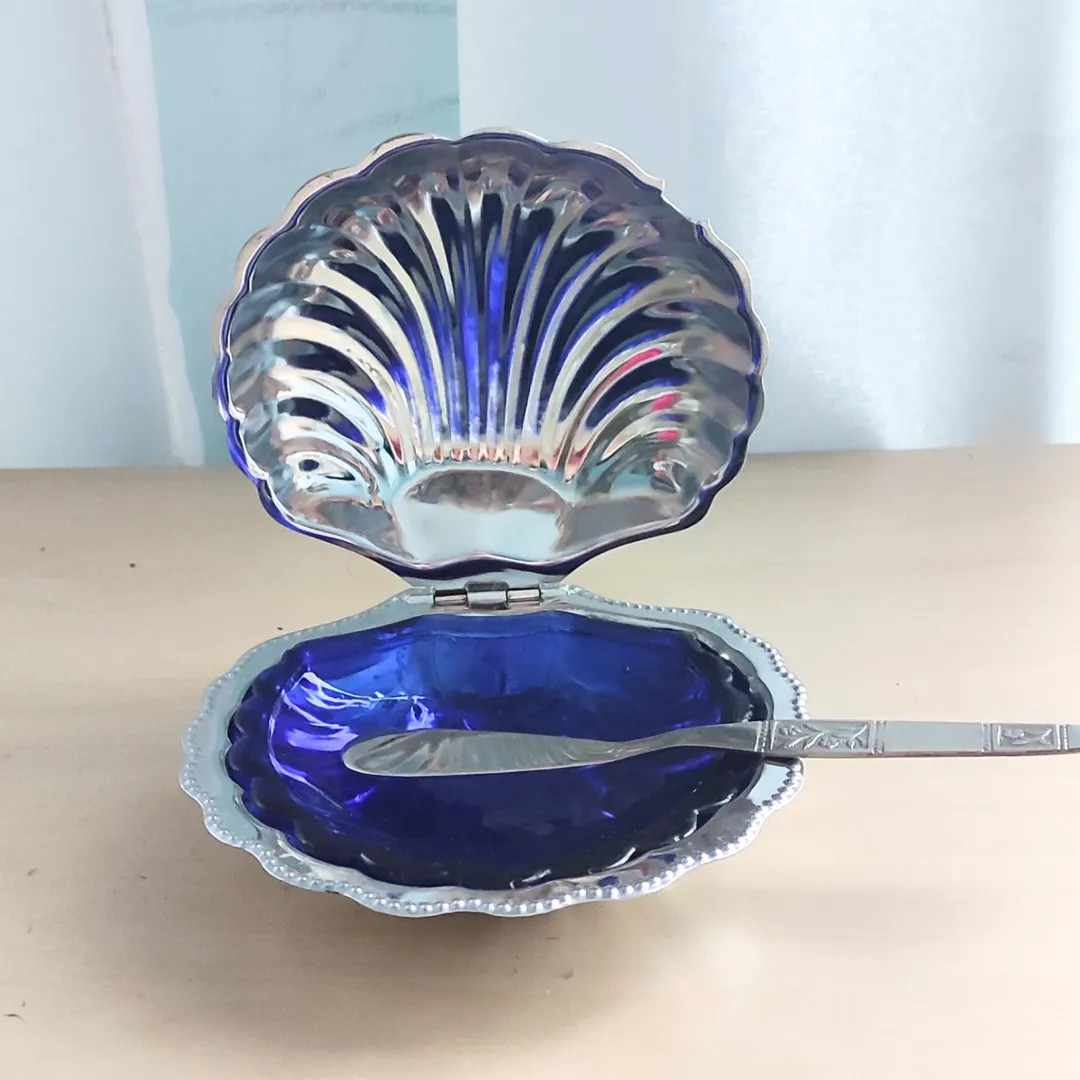 Shell-shaped Butter Dish Complete With Lid 2 Butter Knives, Blue Glass Stainless Steel Shell, Dec... | Etsy (US)