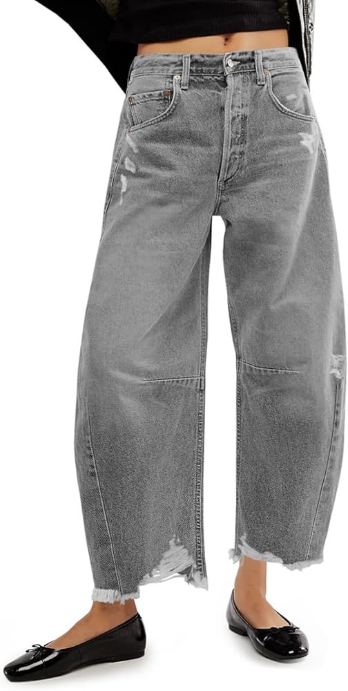 Cicy Bell Women's Baggy Wide Leg Jeans Barrel Horseshoe Boyfriend Cropped Raw Hem Denim Pants | Amazon (US)