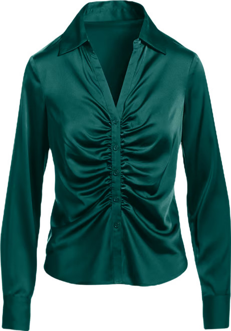 Jessie Charmeuse Ruched Center Front Button Up Shirt - Green | Boston Proper | Boston Proper