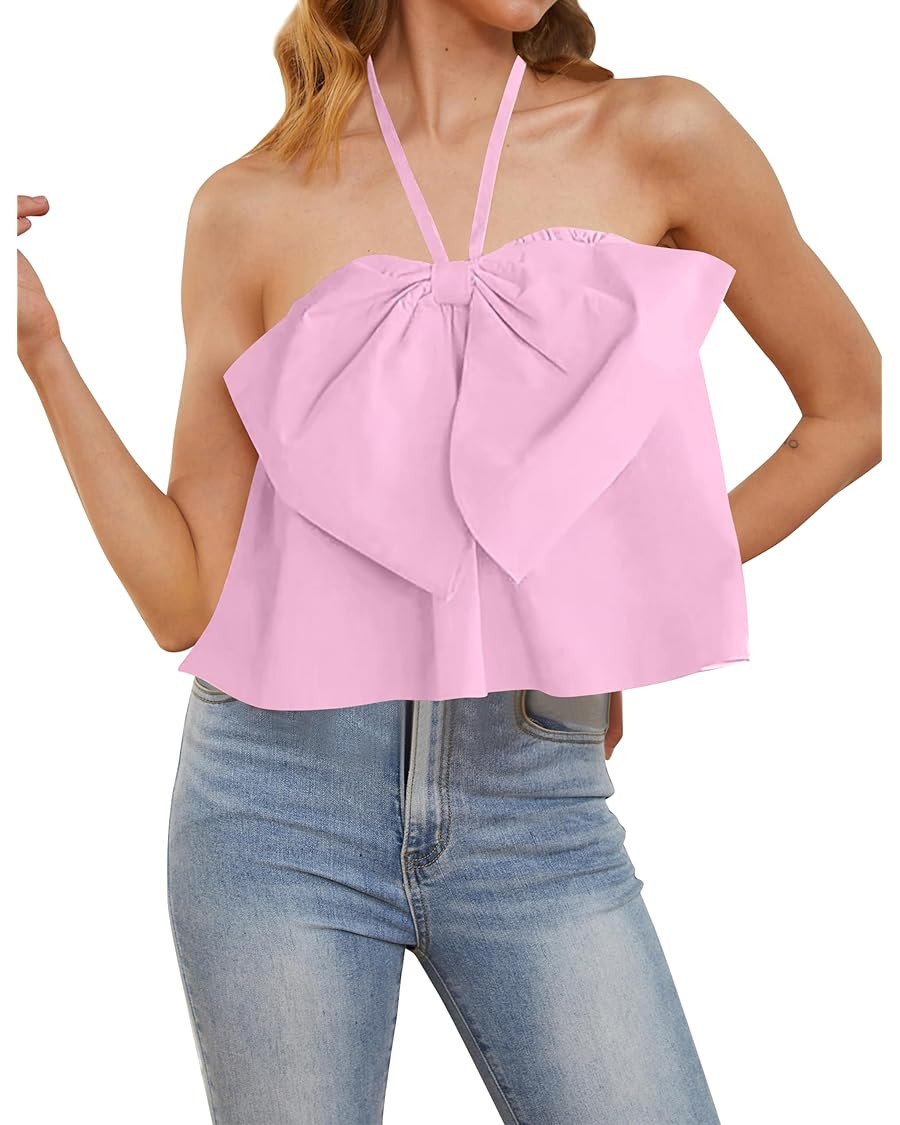 Women Halter Self Tie Sleeveless Backless Strapless Bow Knot Ruched Solid Loose Swing Sexy Tube T... | Amazon (US)