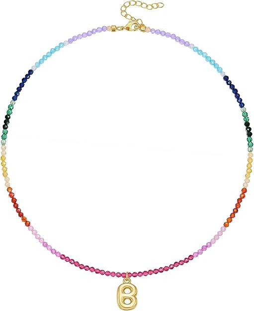 KissYan Beaded Initial Necklace, 14K Gold Plated Bubble Letter Pendant Rainbow Gemstone Choker Co... | Amazon (US)