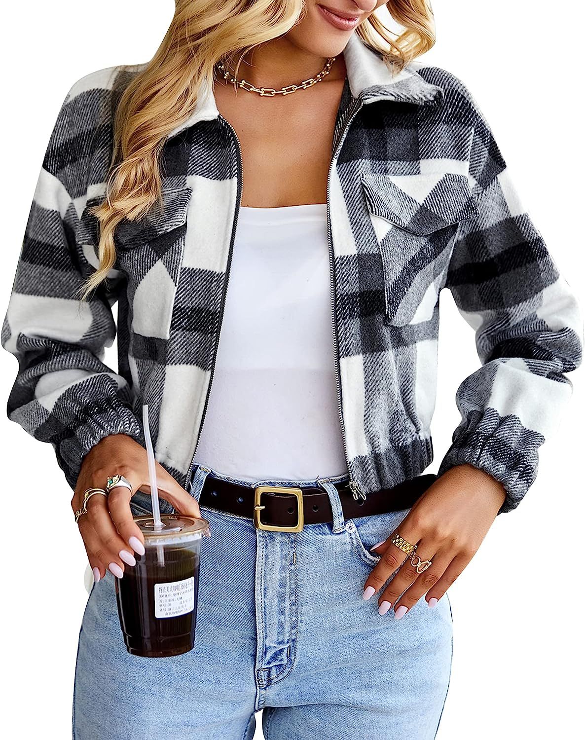 Womens Long Sleeve Flannel Plaid Crop Shacket Jackets Zip Up Lapel Pockets Casual Coats Fall Shir... | Amazon (US)