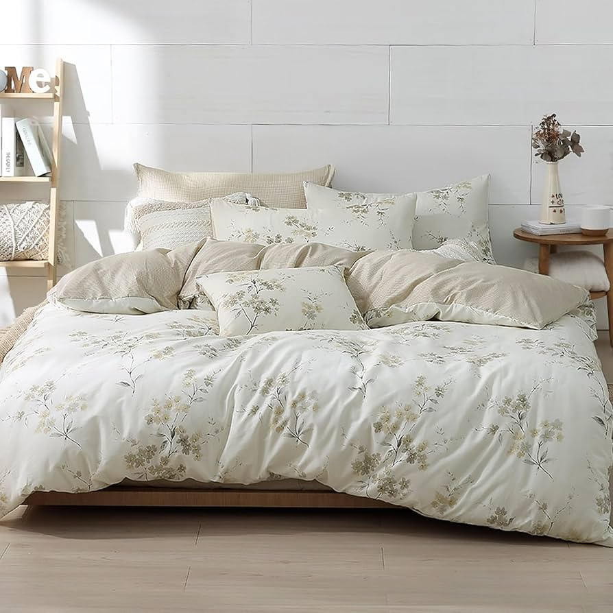 LEMIROE Floral Cotton Comforter King Size - Cream Comforter with Luxurious Grey Branches & Subtle... | Amazon (US)