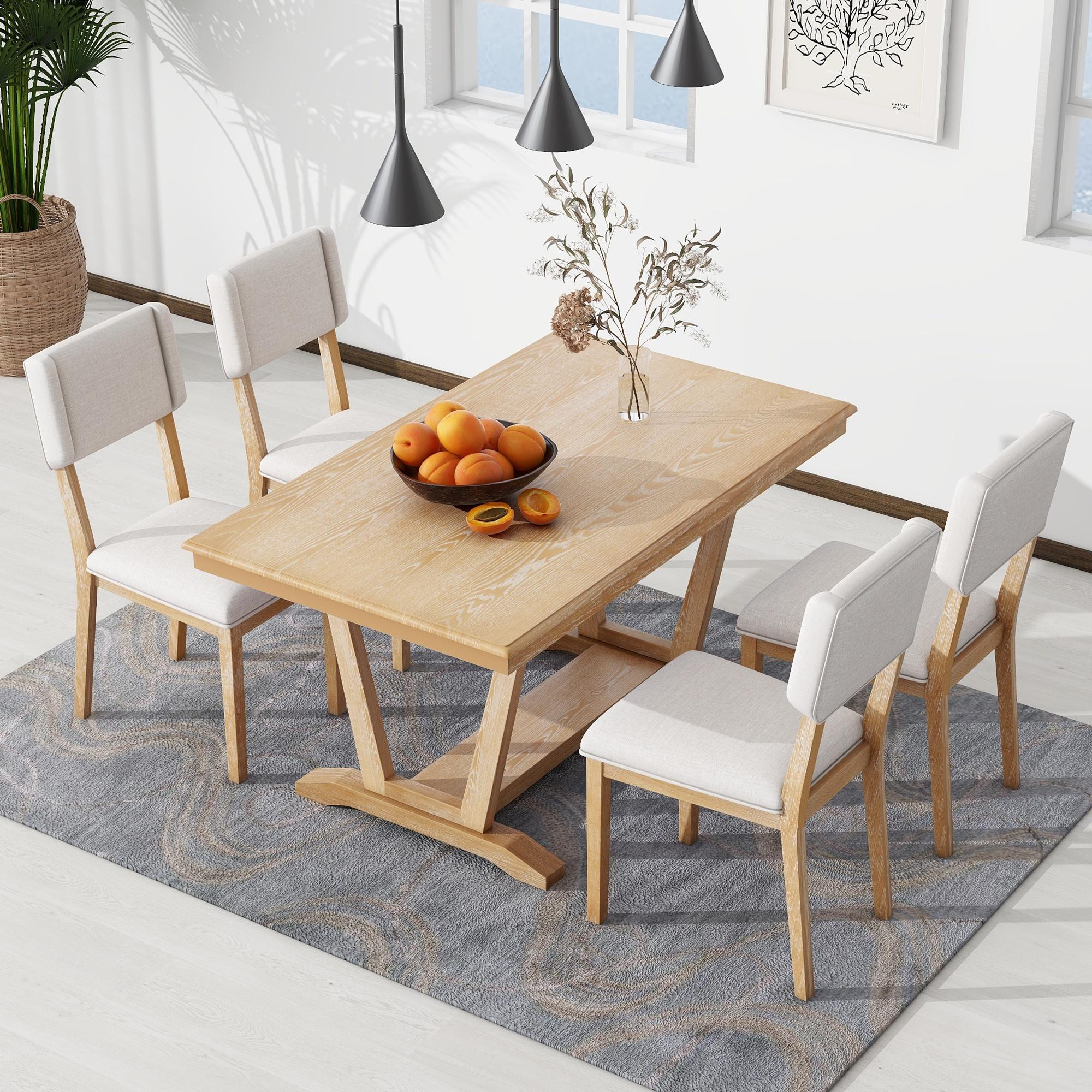 FURNINEST 5 Piece Dining Set, Dining Table Set for 4, Wood Dining Room Set with Table and 4 Uphol... | Walmart (US)