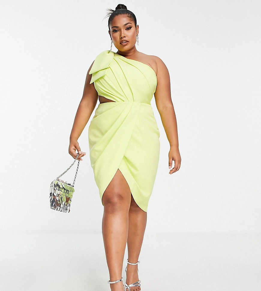 Lavish Alice Plus one shoulder cut out detail wrap midi dress in lime green | ASOS (Global)