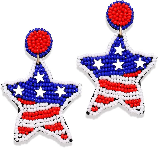 American Flag Beaded Star Drop Dangle Earrings - Patriotic Memorial Day & 4th of July Holiday Ear... | Amazon (US)
