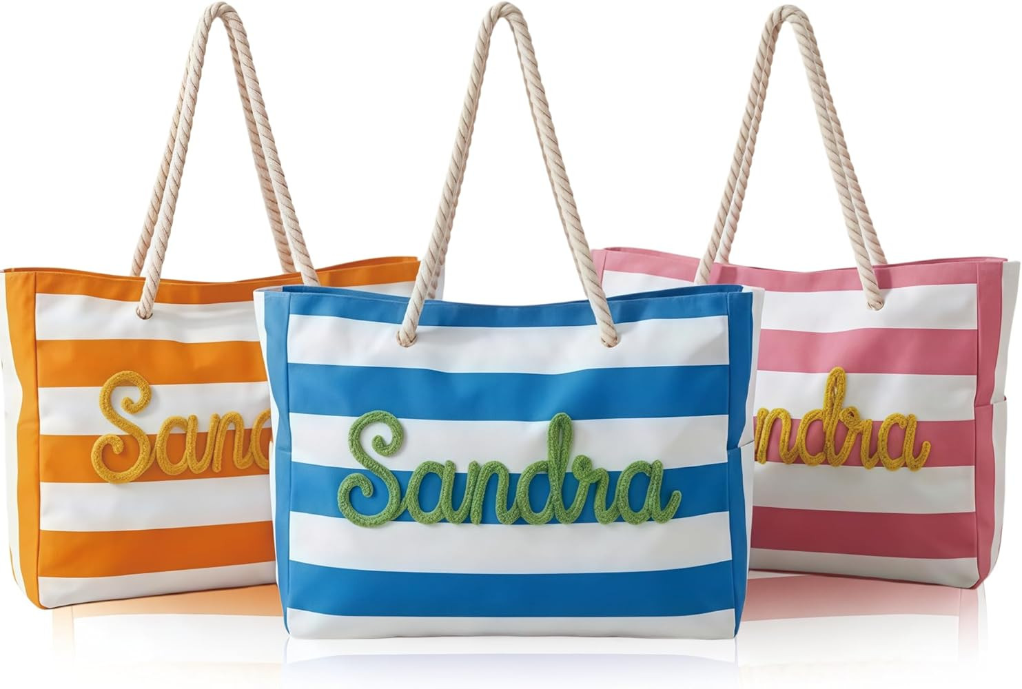 Customized Beach Bag With Embroidered Name Waterproof Striped Canvas Tote with Zipper for Beach T... | Amazon (US)