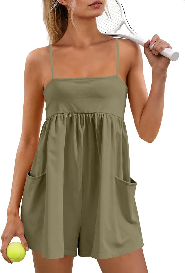 LAMISSCHE Women Casual Summer Romper Spaghetti Strap Jumpsuits with Pockets | Square Neck, Adjust... | Amazon (US)