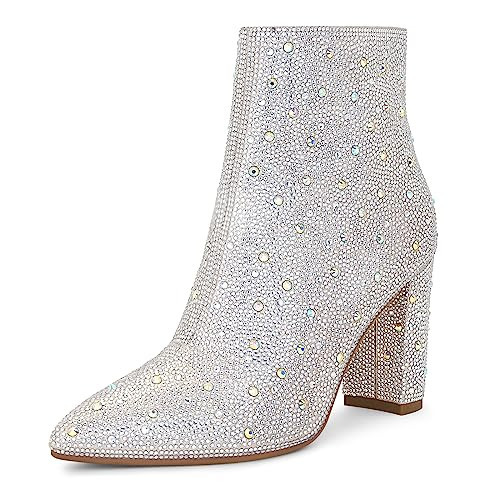 SOVANYOU Silver Rhinestone Boots Sparkly Boots Ankle Glitter Boots for Women Bling Boots Pointed Toe Chunky High Heel Dress Boots Dress Wedding Party Shoes | Amazon (US)
