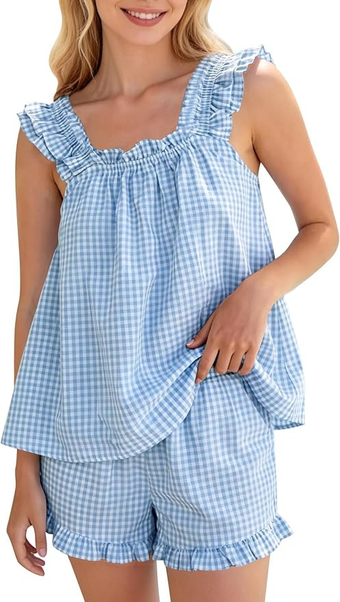 COZYPOIN Womens Gingham Pajamas Set 2 Piece Plaid Cotton Sleepwear Cute Sexy Ruffle Cami and Shor... | Amazon (US)