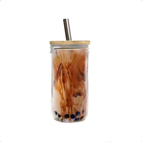 Brimley 20 oz Iced Coffee Glass Tumbler, Reusable Smoothie Cup, Boba Bubble Tea Jar, Wide Mouth M... | Amazon (US)