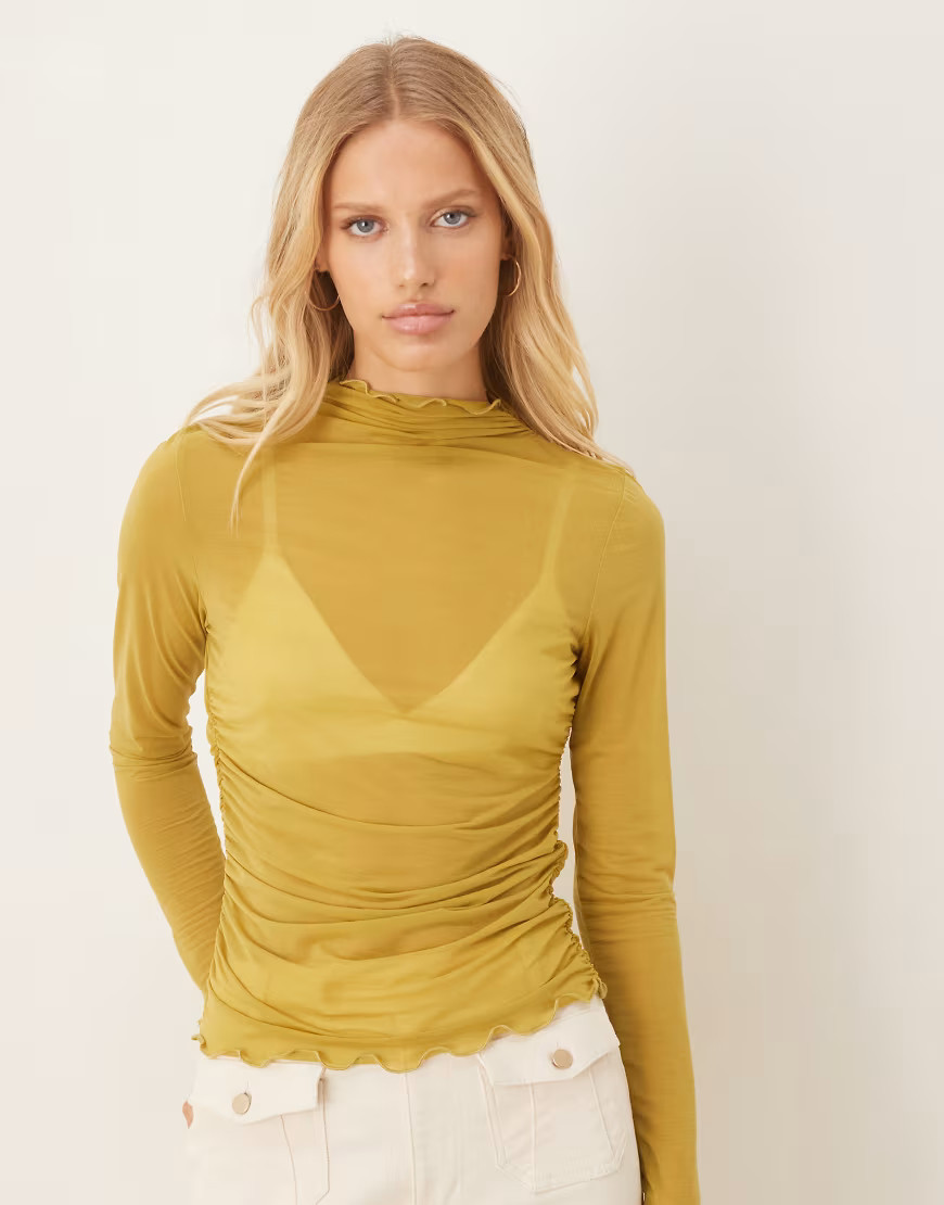 ASOS DESIGN – Langärmliges, hochgeschlossenes Netzstoff-Oberteil in halbtransparentem Gelbgrün | ASOS (Global)