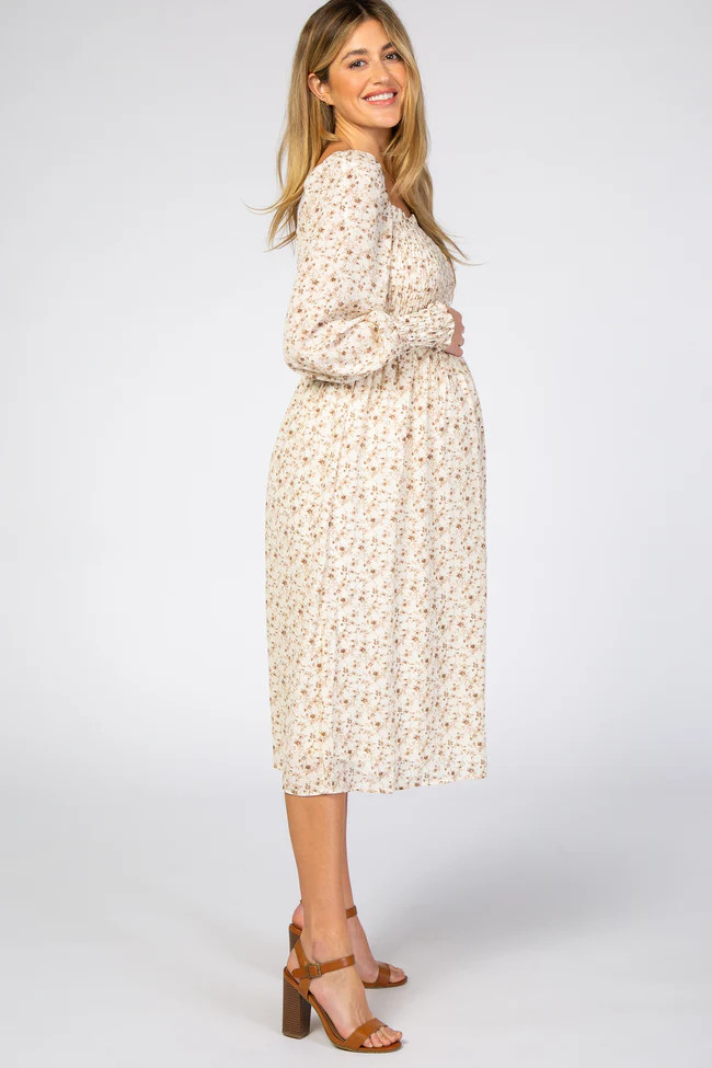 Cream Floral Smocked Bubble Sleeve Maternity Midi Dress | PinkBlush Maternity