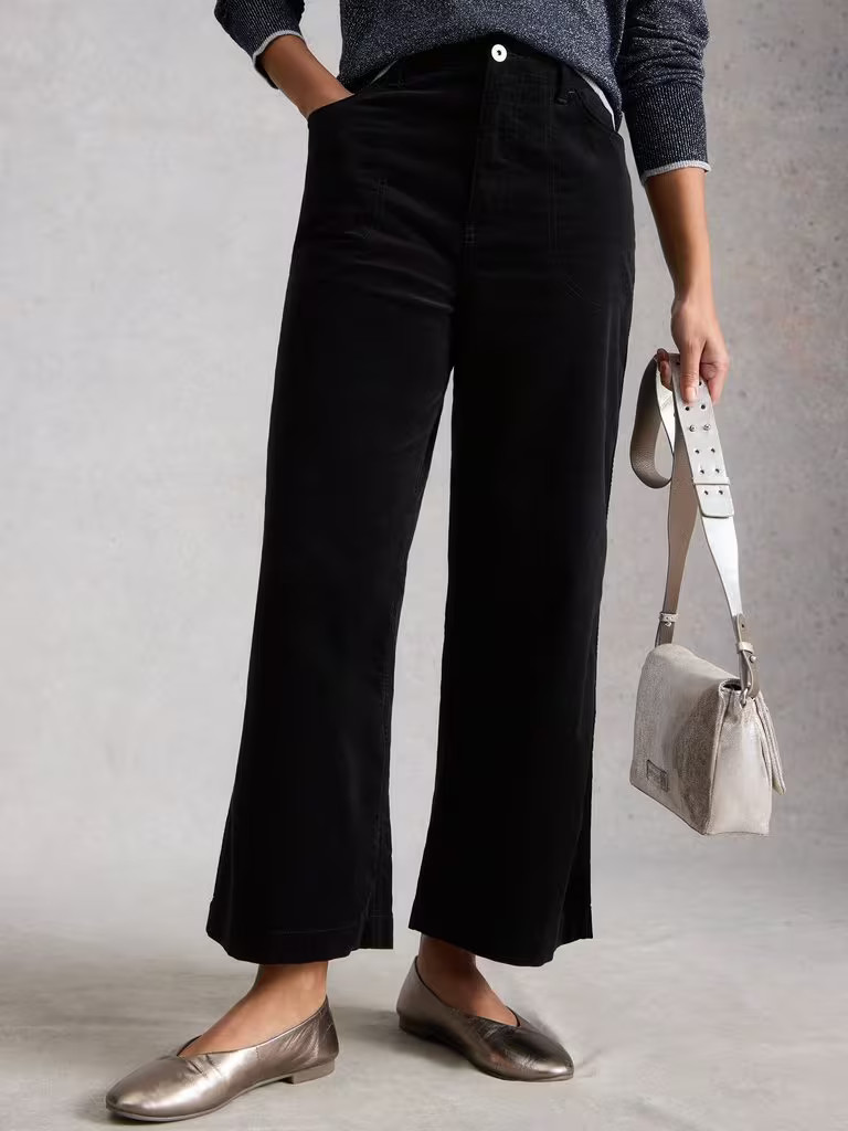 Tia Velvet Wide Leg Crop in PURE BLACK | White Stuff UK