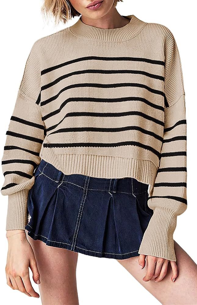 Womens 2023 Trendy Cropped Sweaters Knit Ribbed Easy Street Stripe Crop Pullover Sweater Tops | Amazon (US)