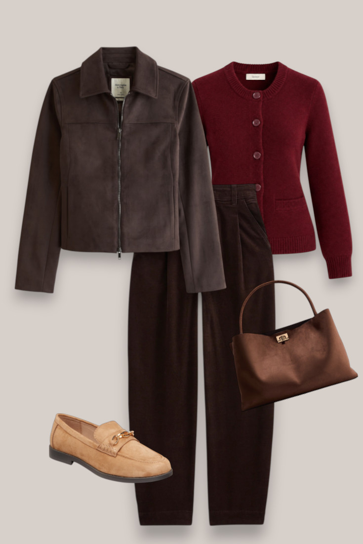 Chocolate brown and burgundy might be one of my favourite winter colour combinations. Styled here with relaxed trousers, a fitted cardigan, suede jacket and loafers for an easy elevated everyday outfit. #brownoutfit #burgundyoutfit #winterstyle #casualwinteroutfits 

 #LTKautumn #LTKover50style #LTKstyletip