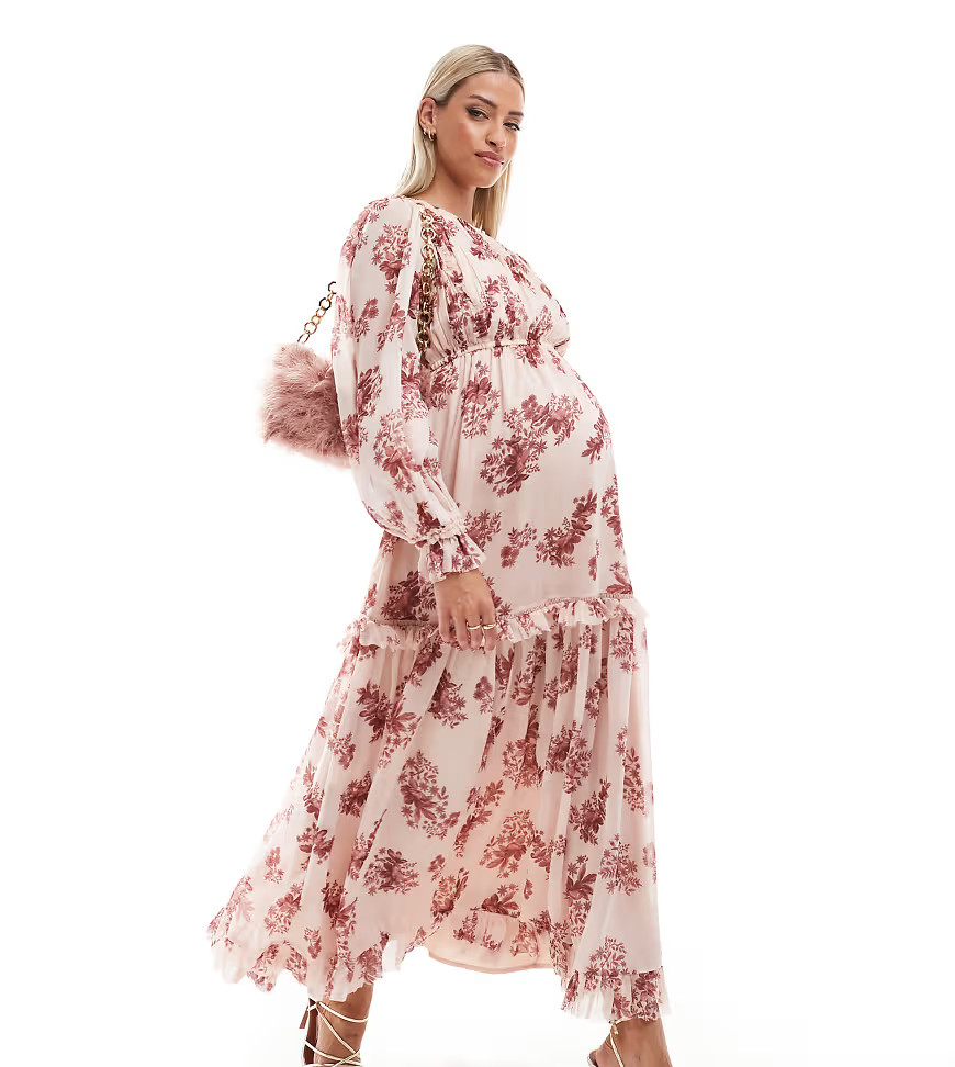 ASOS DESIGN Maternity frill tiered hem maxi dress in pink floral-Multi | ASOS (Global)