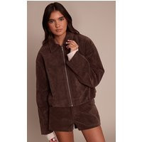 Dark Brown Suede Zip Up Pleated Cropped Jacket | PrettyLittleThing UK