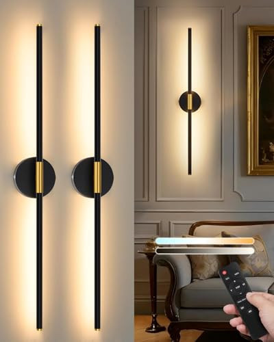 32 Inch Battery Operated Wall Sconce Set of 2 - 8000mAh, Wireless, Rechargeable, Dimmable, 3000K-6000K, Remote, Touch Control, Timer, 350° Rotate, LED Wall Lamps for Living Room, Bedroom, Black Gold | Amazon (US)