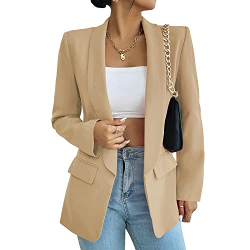 Womens Long Sleeve Blazers Casual Open Front Lapel Button Slim Work Office Blazer Jacket(Khaki,Medium) | Amazon (US)