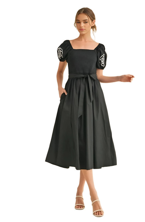 Knit and Lounge Puff Sleeve Smocked Bodice Midi Dress in Black at Nordstrom, Size Small | Nordstrom
