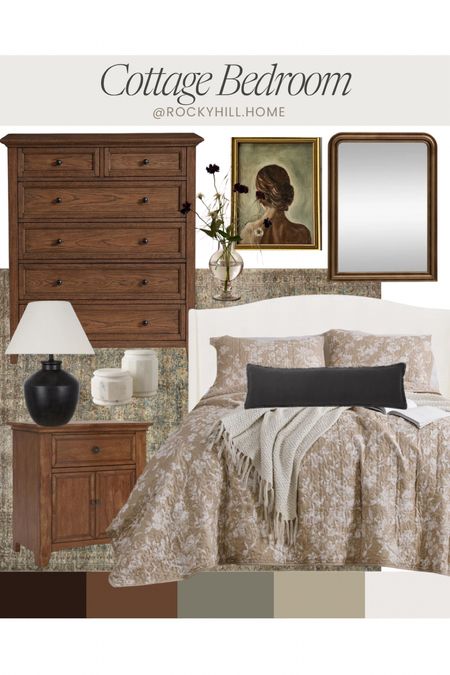 Cottage Bedroom Mood Board, Spring decor, white upholstered bed, pottery barn tall dresser, amber Lewis loloi rug, gold mirror, black lamp, high low budget

#LTKSeasonal #LTKstyletip #LTKhome