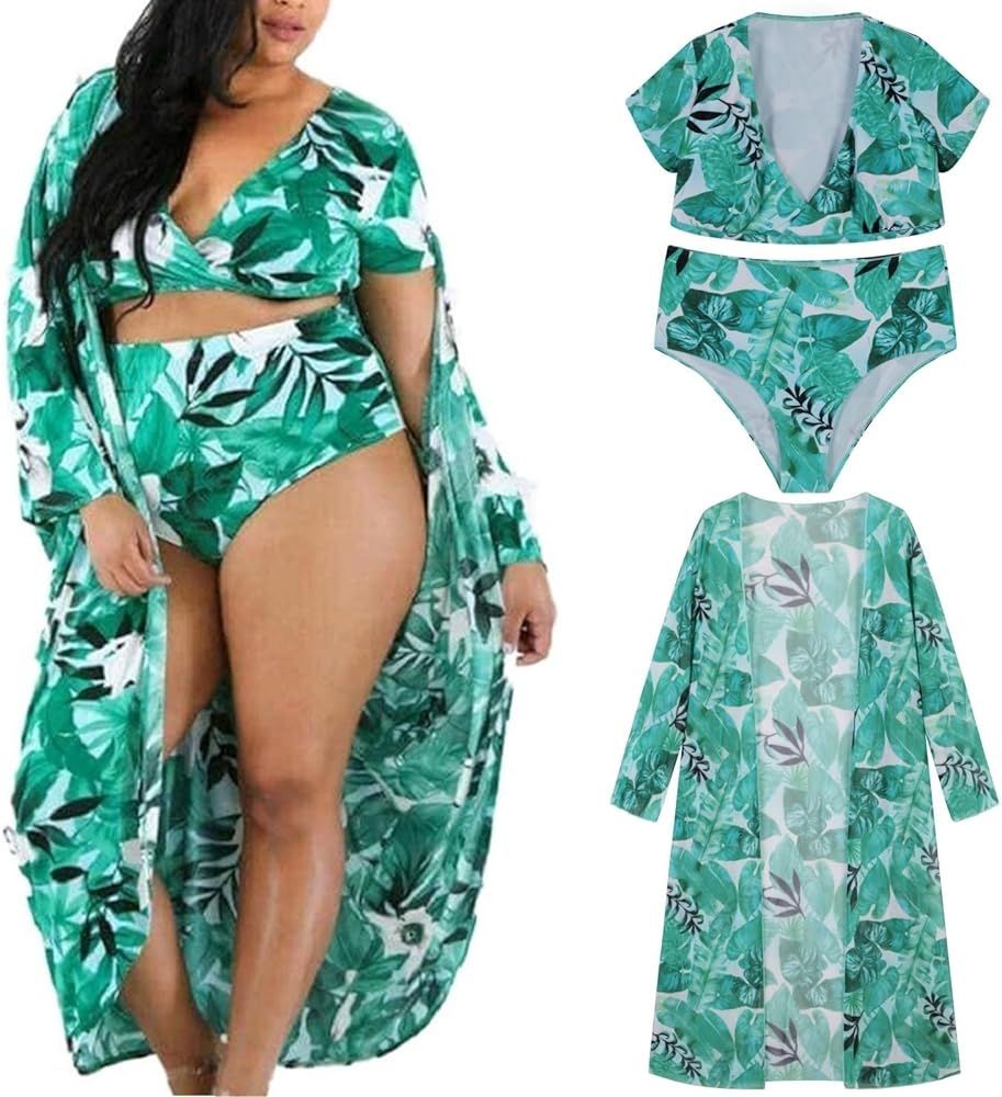 Women’s Plus Size Two-Piece Swimwear with Chiffon Cover Up Print Bikini Swimsuit | Amazon (US)