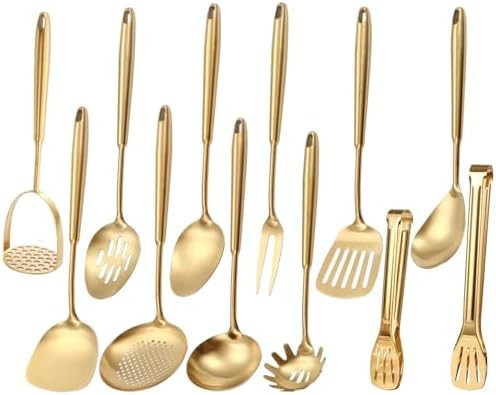 Gold Kitchen Utensils Set, 12 PCS Brass Matte Serving Utensils, 18/10 Stainless Steel All Metal C... | Amazon (US)