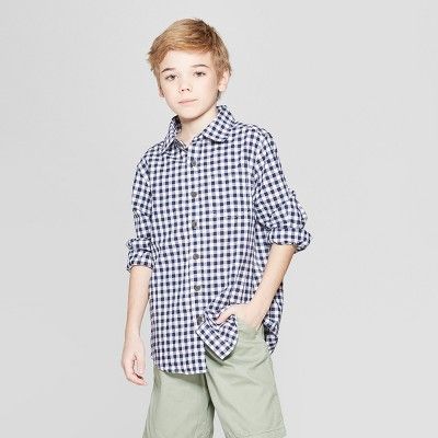 Boys' Gingham Long Sleeve Button-Down Shirt - Cat & Jack™ Navy | Target