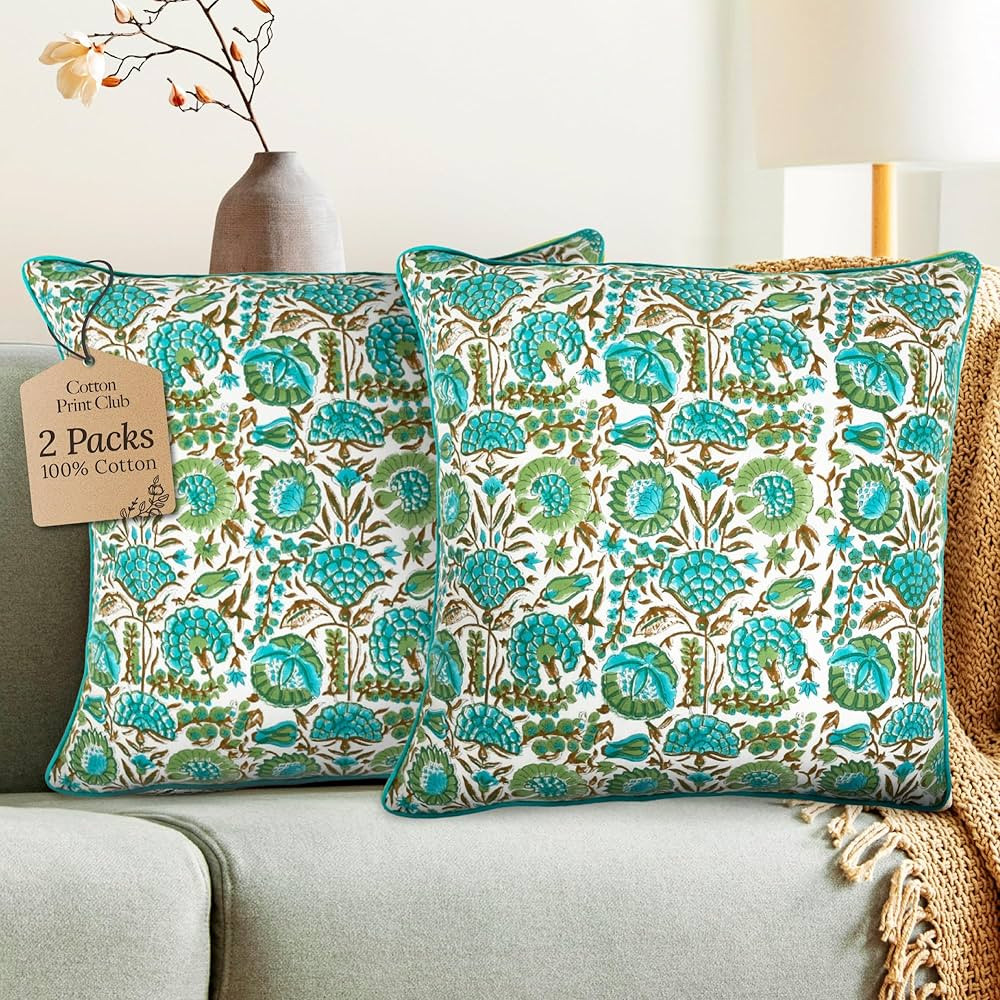 CPC Aqua Green Floral Printed Throw Square Cushion Covers - 20x20 Inch 100% Cotton Washable Decor... | Amazon (US)